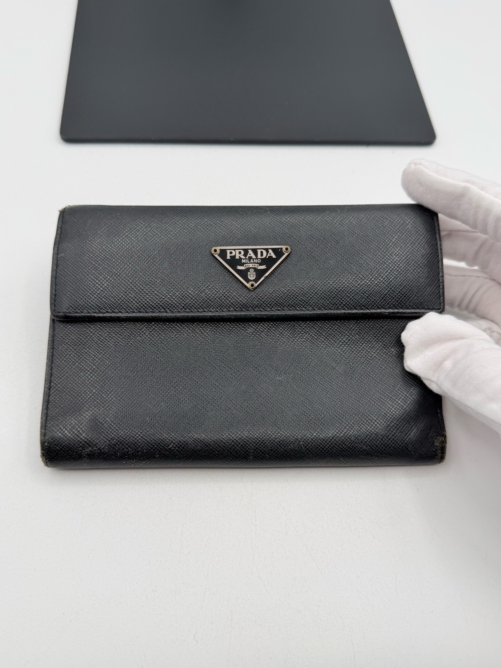 Prada Black Saffiano Leather Triangular Logo Wallet